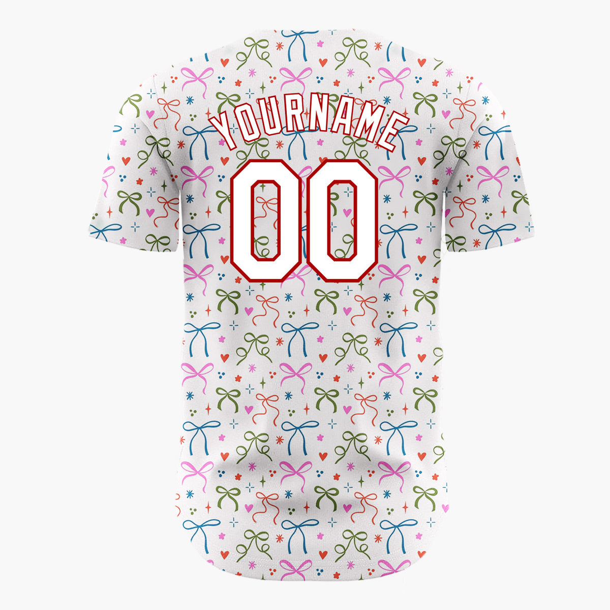 Custom White Scattered Colorful Bows Hearts Whimsical Christmas Baseball Jersey