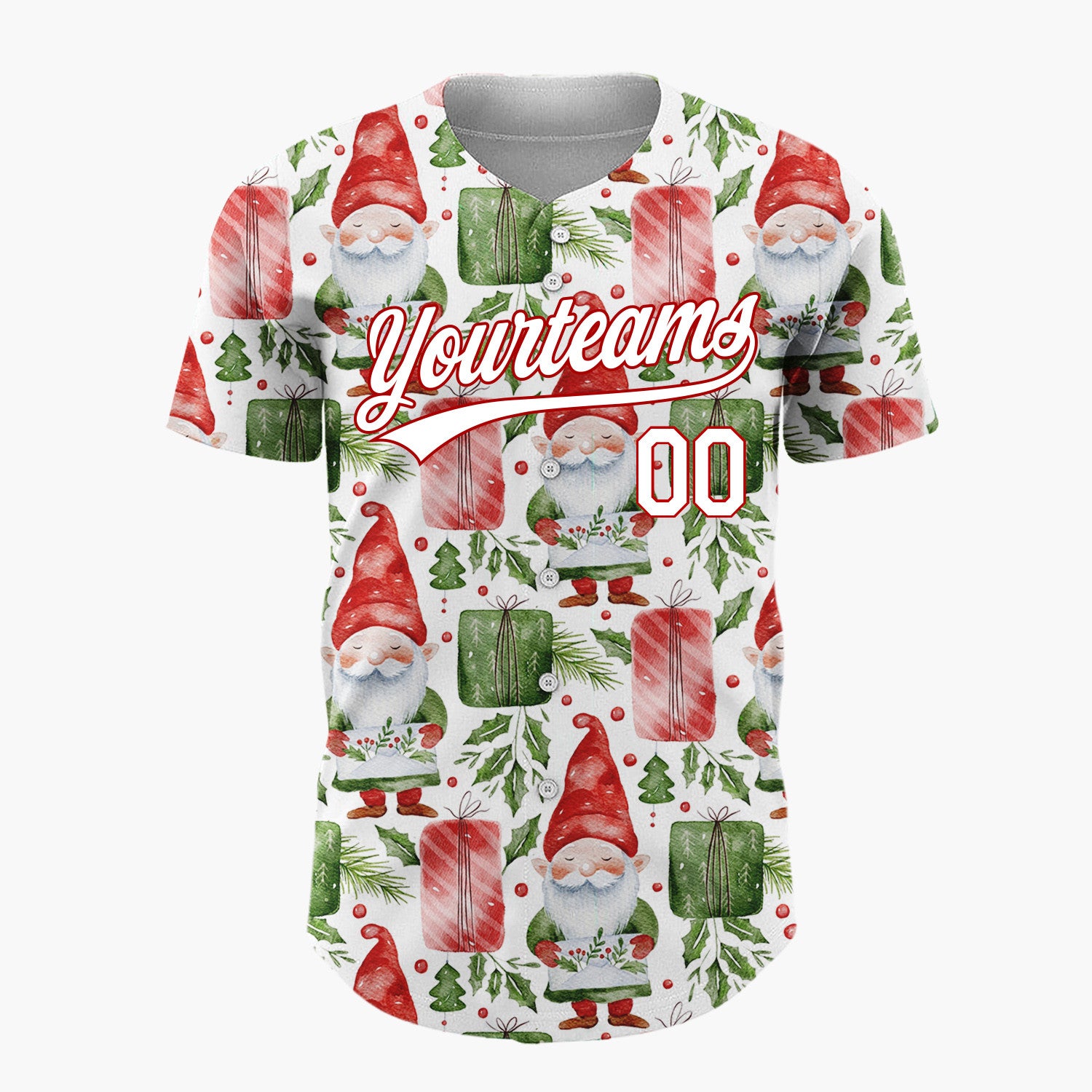 Custom White Watercolor Gnomes Gifts Festive Illustration Pattern Christmas Baseball Jersey