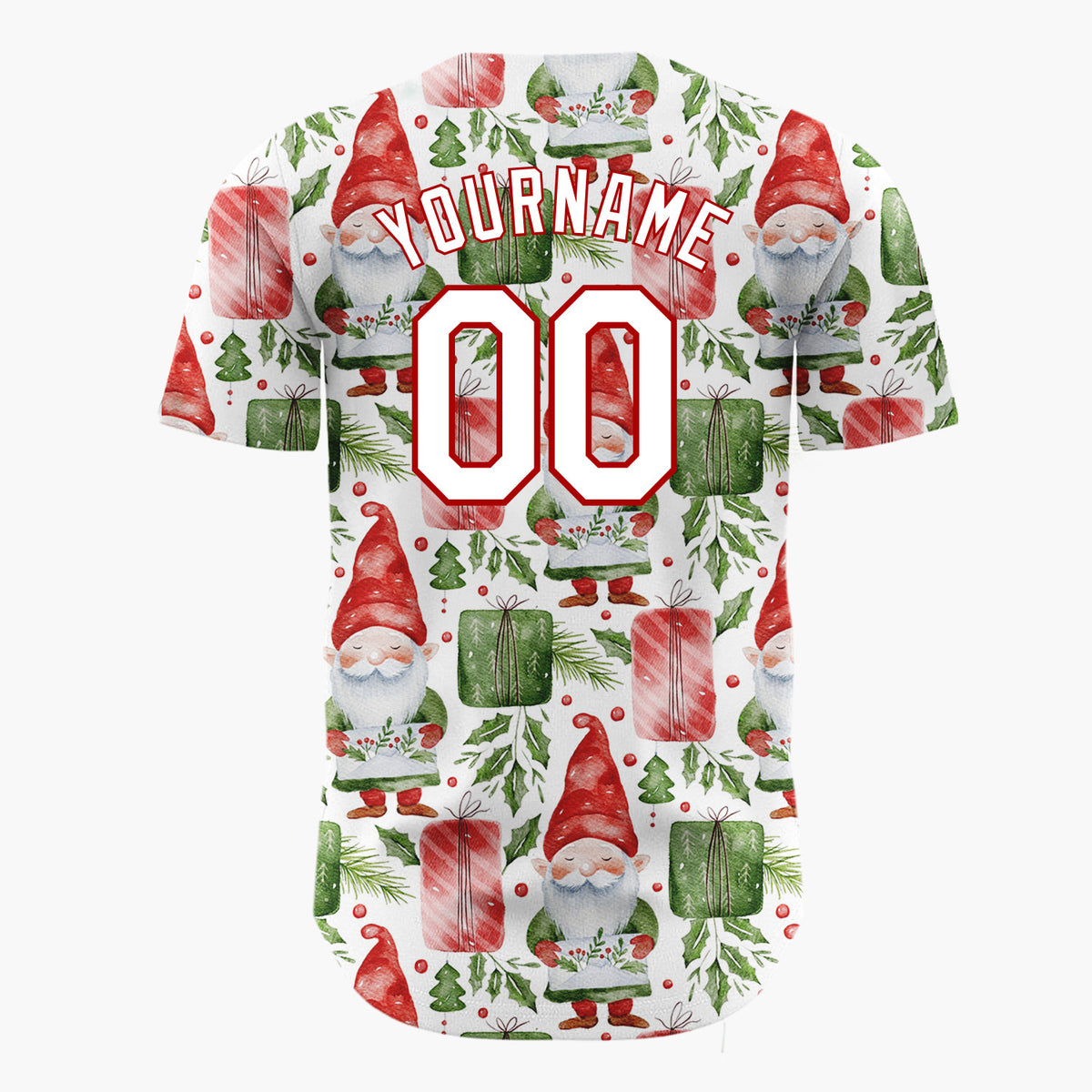 Custom White Watercolor Gnomes Gifts Festive Illustration Pattern Christmas Baseball Jersey
