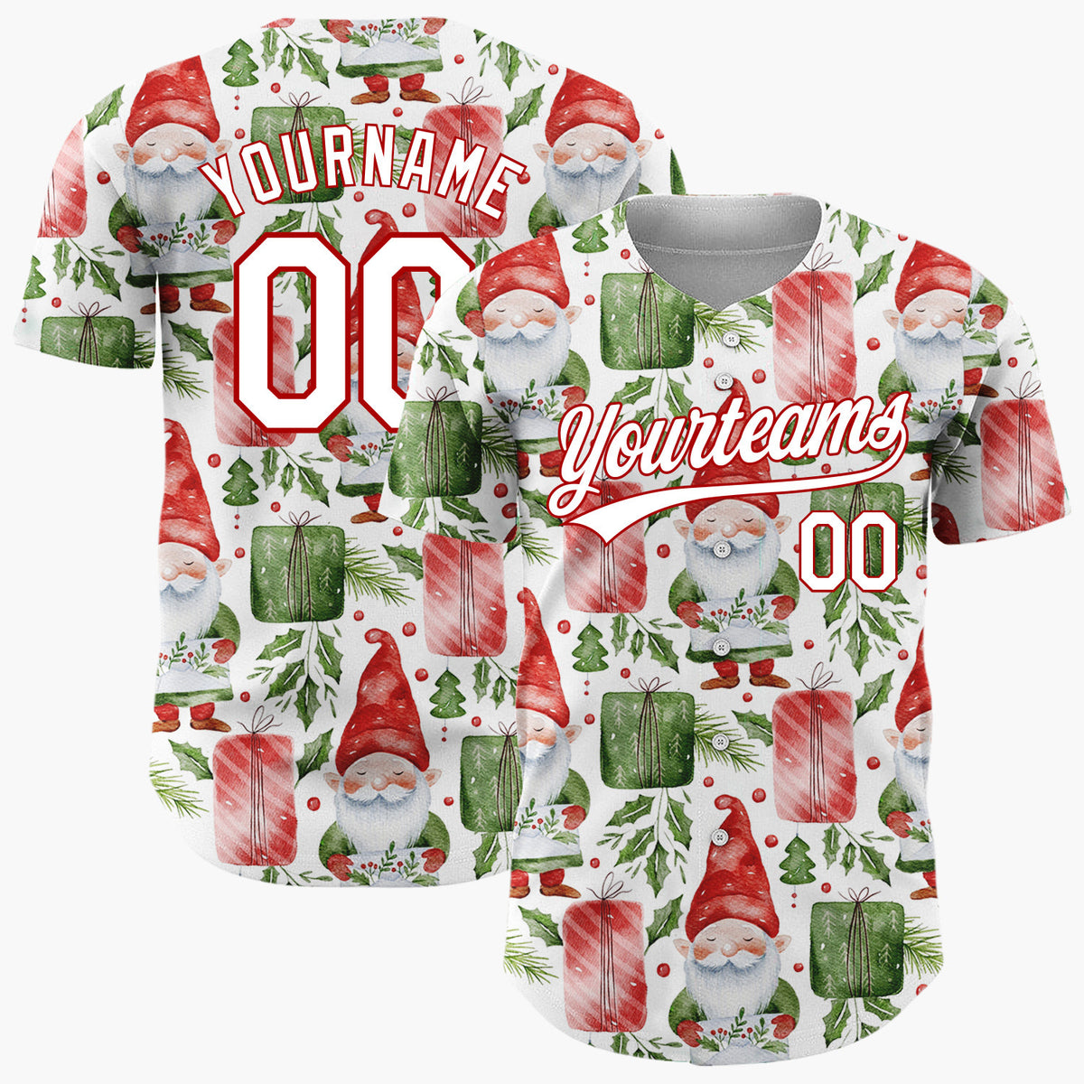 Custom White Watercolor Gnomes Gifts Festive Illustration Pattern Christmas Baseball Jersey