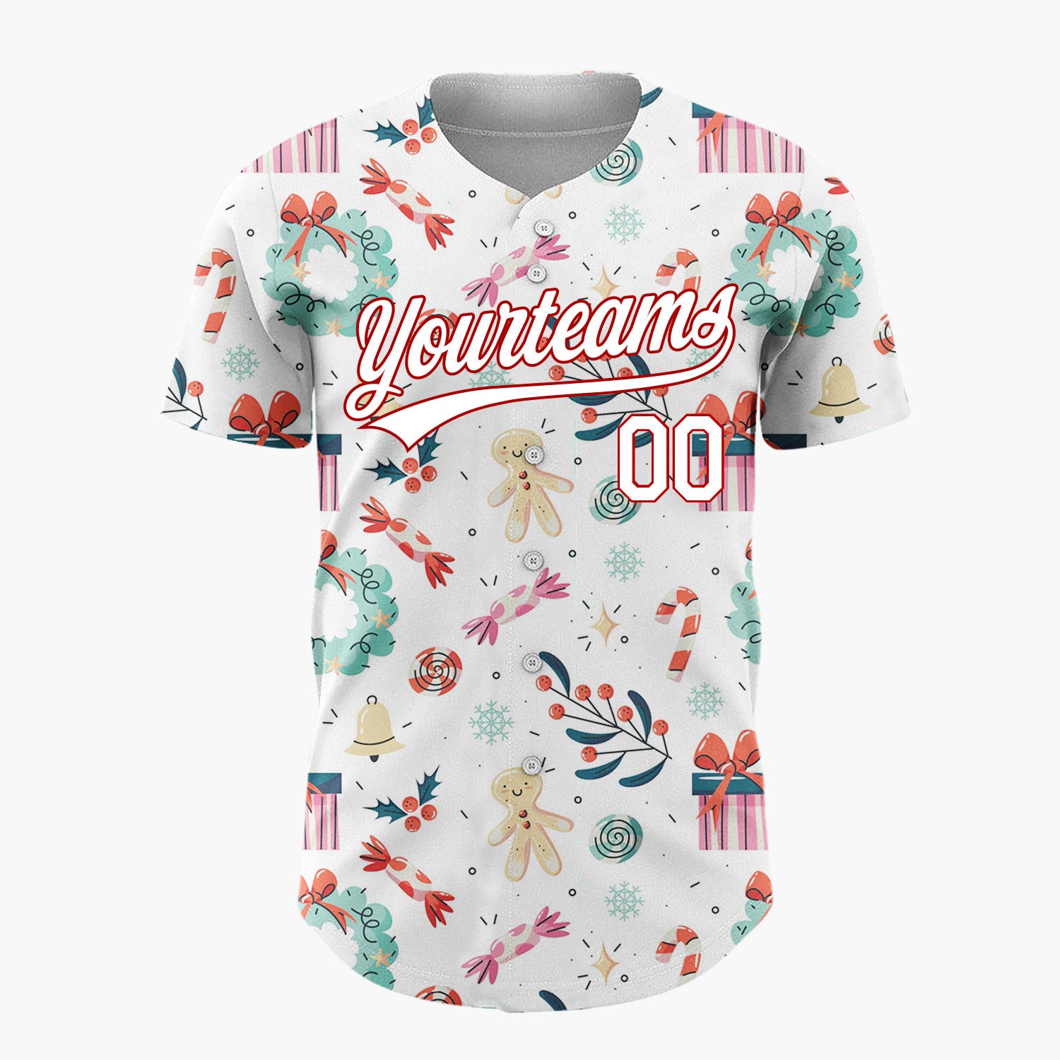 Custom White Red Teal Gingerbread Gifts And Wreaths Whimsical Christmas Baseball Jersey