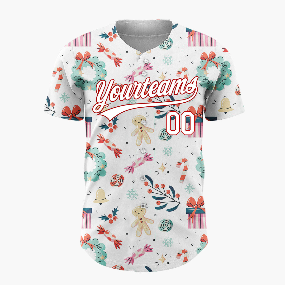 Custom White Red Teal Gingerbread Gifts And Wreaths Whimsical Christmas Baseball Jersey