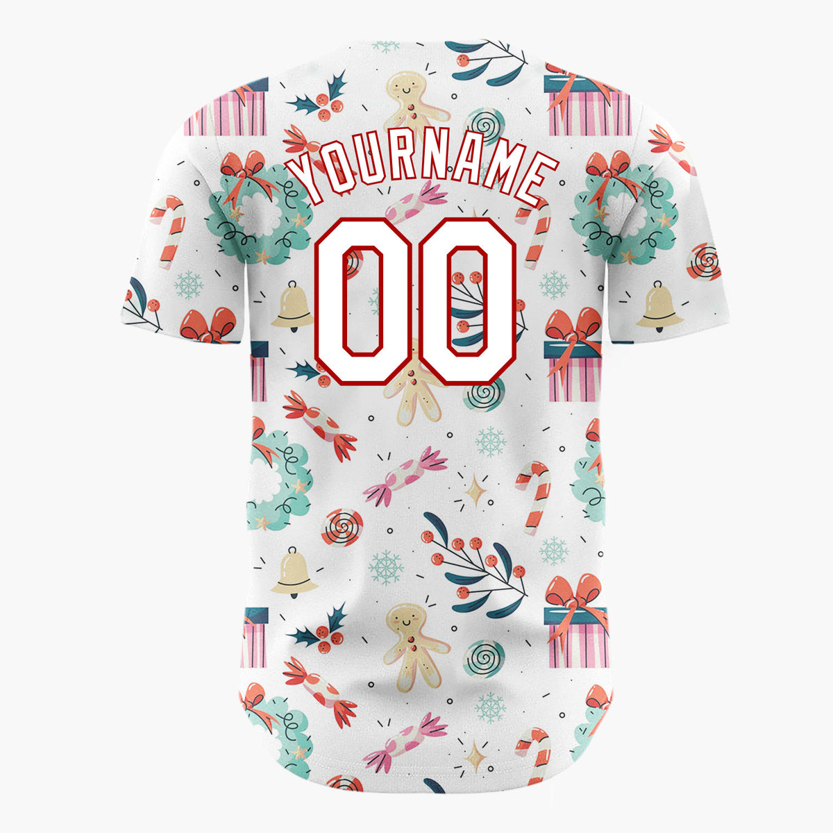 Custom White Red Teal Gingerbread Gifts And Wreaths Whimsical Christmas Baseball Jersey