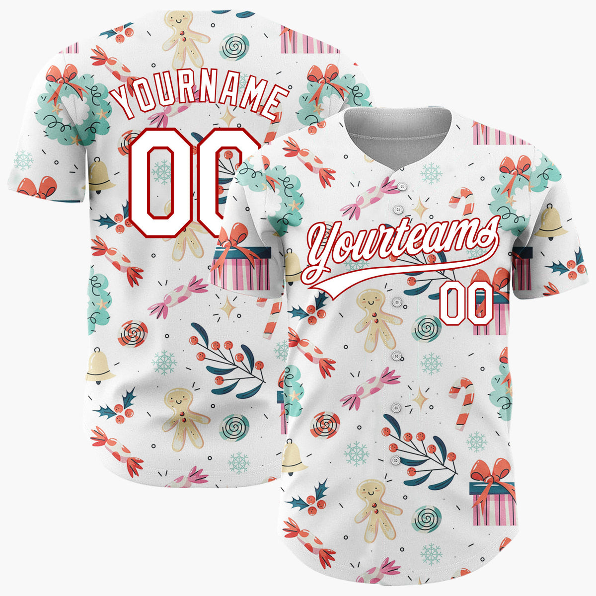 Custom White Red Teal Gingerbread Gifts And Wreaths Whimsical Christmas Baseball Jersey