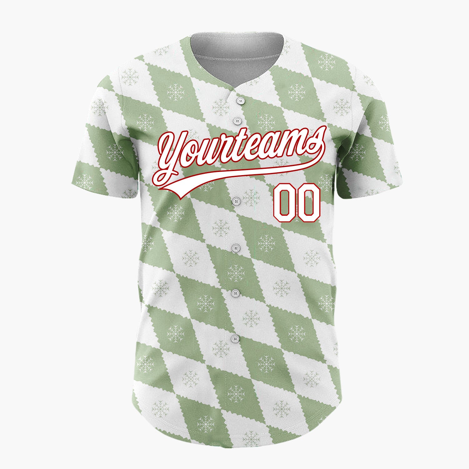 Custom White Sage Green Snowflake Argyle Geometric Pattern Christmas Baseball Jersey