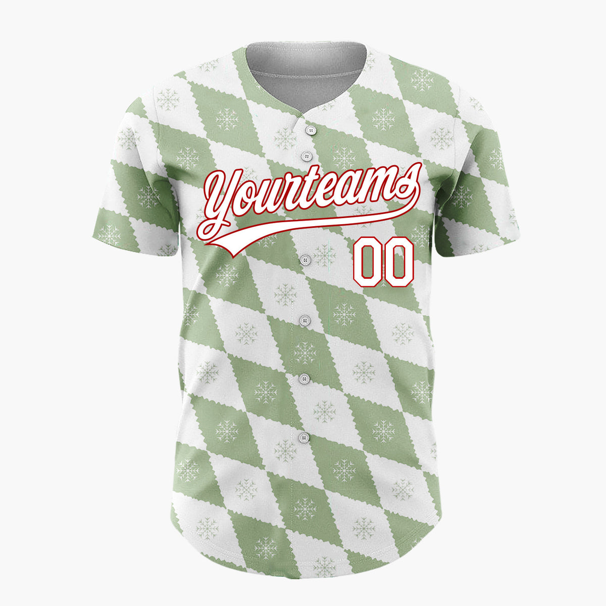 Custom White Sage Green Snowflake Argyle Geometric Pattern Christmas Baseball Jersey