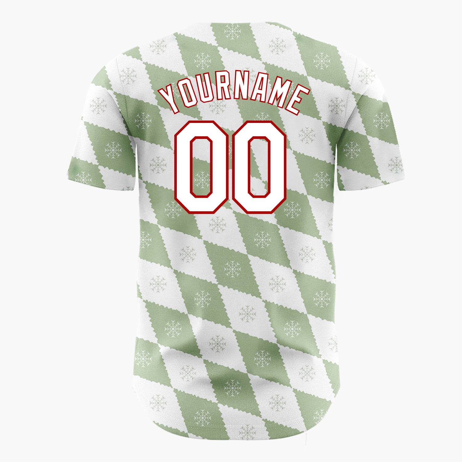 Custom White Sage Green Snowflake Argyle Geometric Pattern Christmas Baseball Jersey