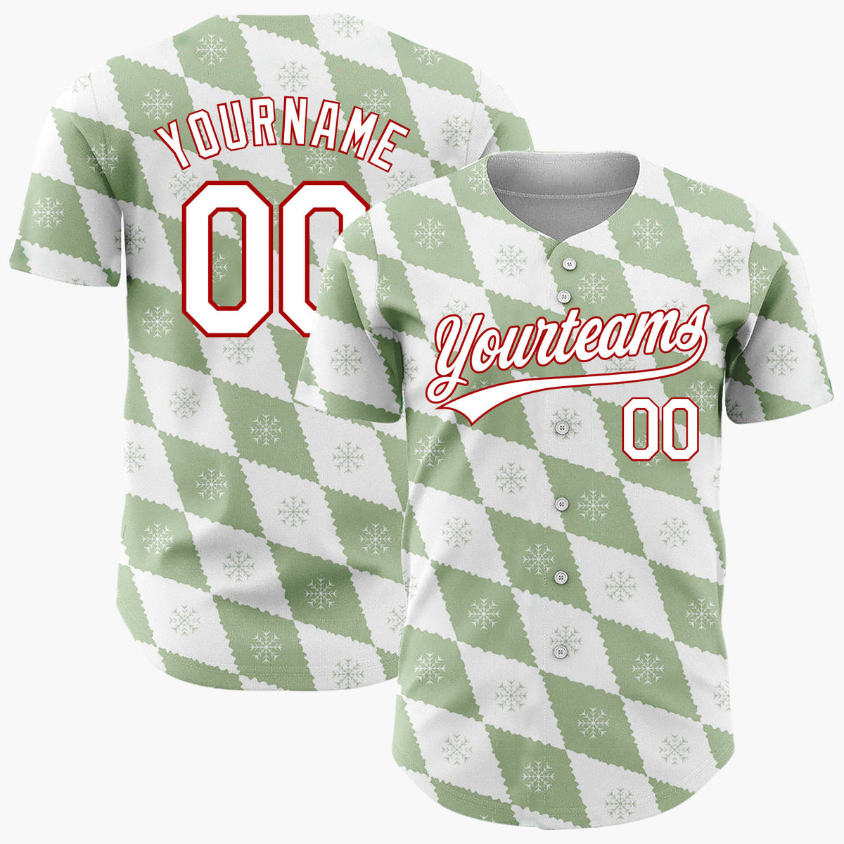 Custom White Sage Green Snowflake Argyle Geometric Pattern Christmas Baseball Jersey