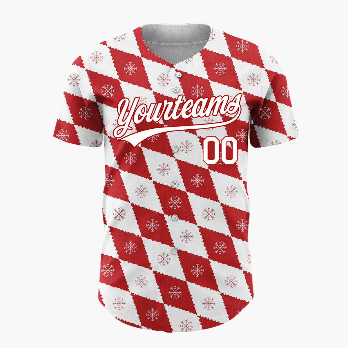 Custom White Red Snowflake Argyle Geometric Pattern Christmas Baseball Jersey