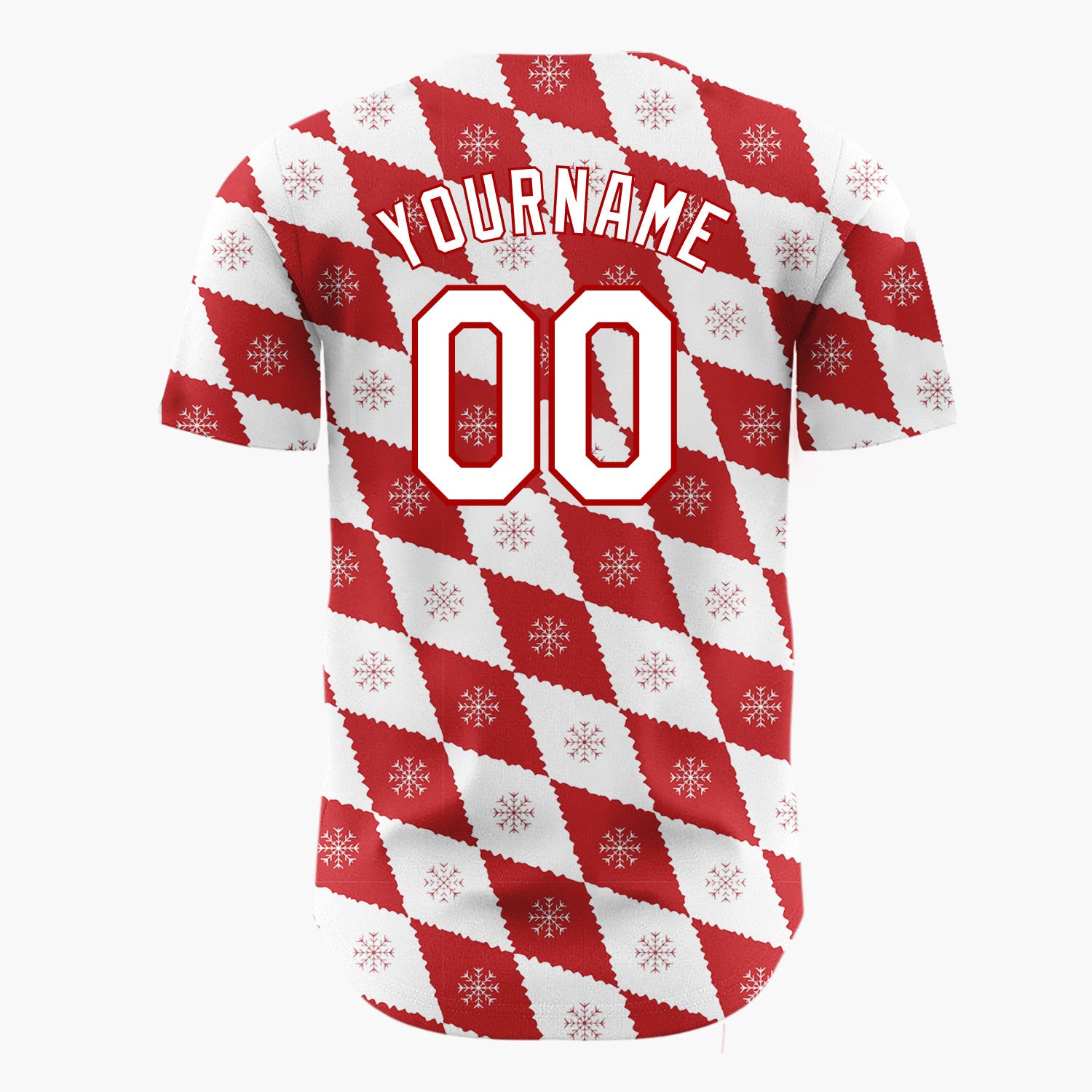 Custom White Red Snowflake Argyle Geometric Pattern Christmas Baseball Jersey