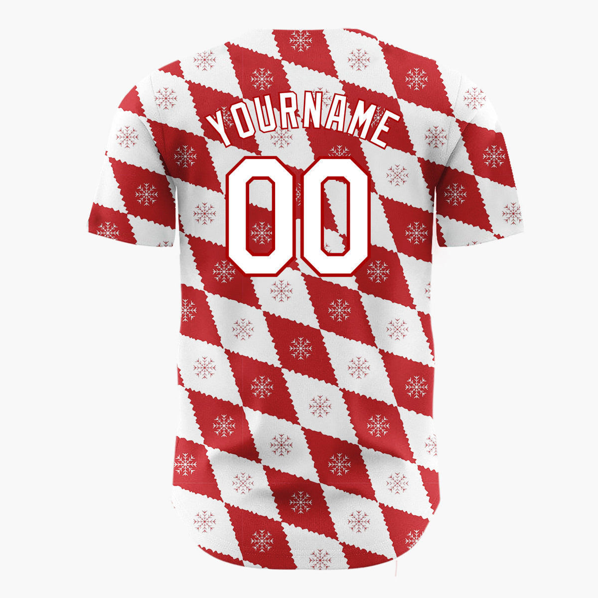Custom White Red Snowflake Argyle Geometric Pattern Christmas Baseball Jersey