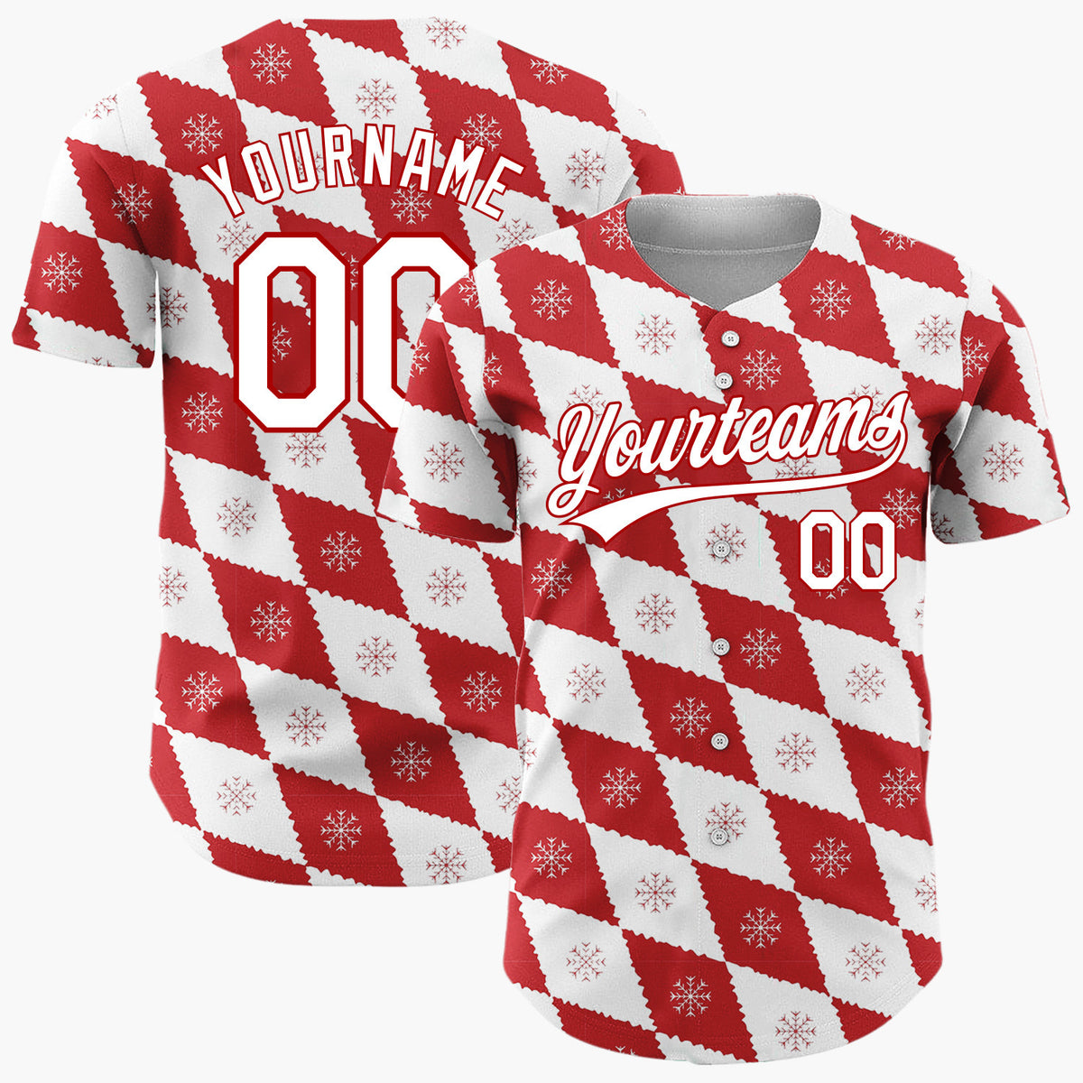 Custom White Red Snowflake Argyle Geometric Pattern Christmas Baseball Jersey
