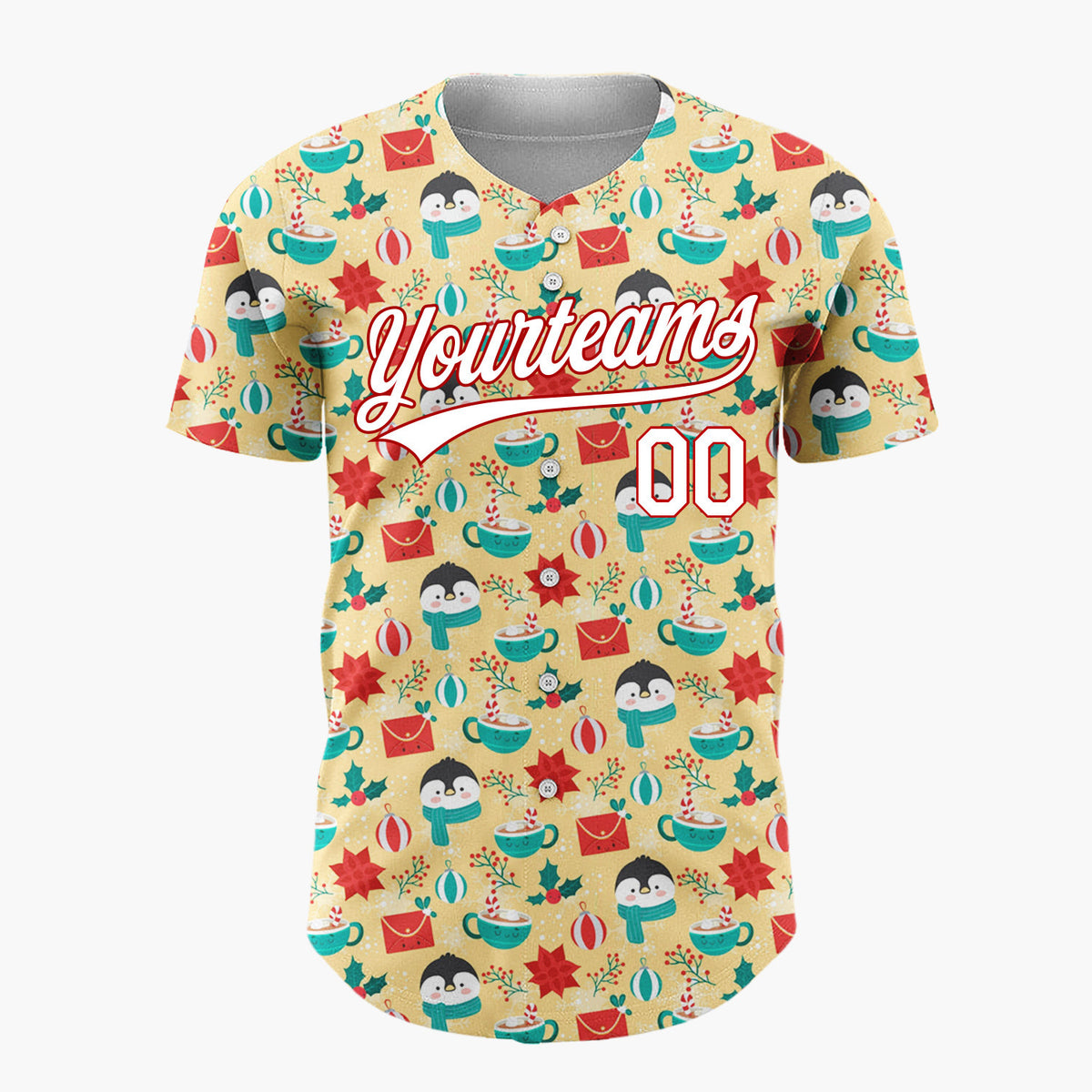 Custom Yellow Red Penguins Mugs And Holly Christmas Character Doodle Pattern Christmas Baseball Jersey