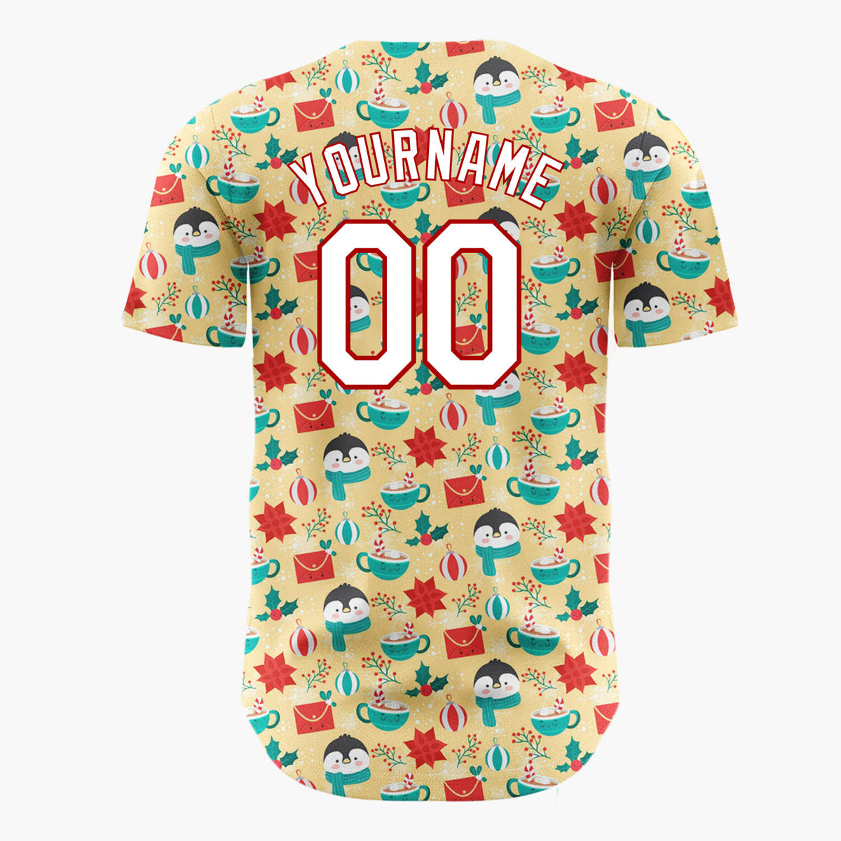 Custom Yellow Red Penguins Mugs And Holly Christmas Character Doodle Pattern Christmas Baseball Jersey