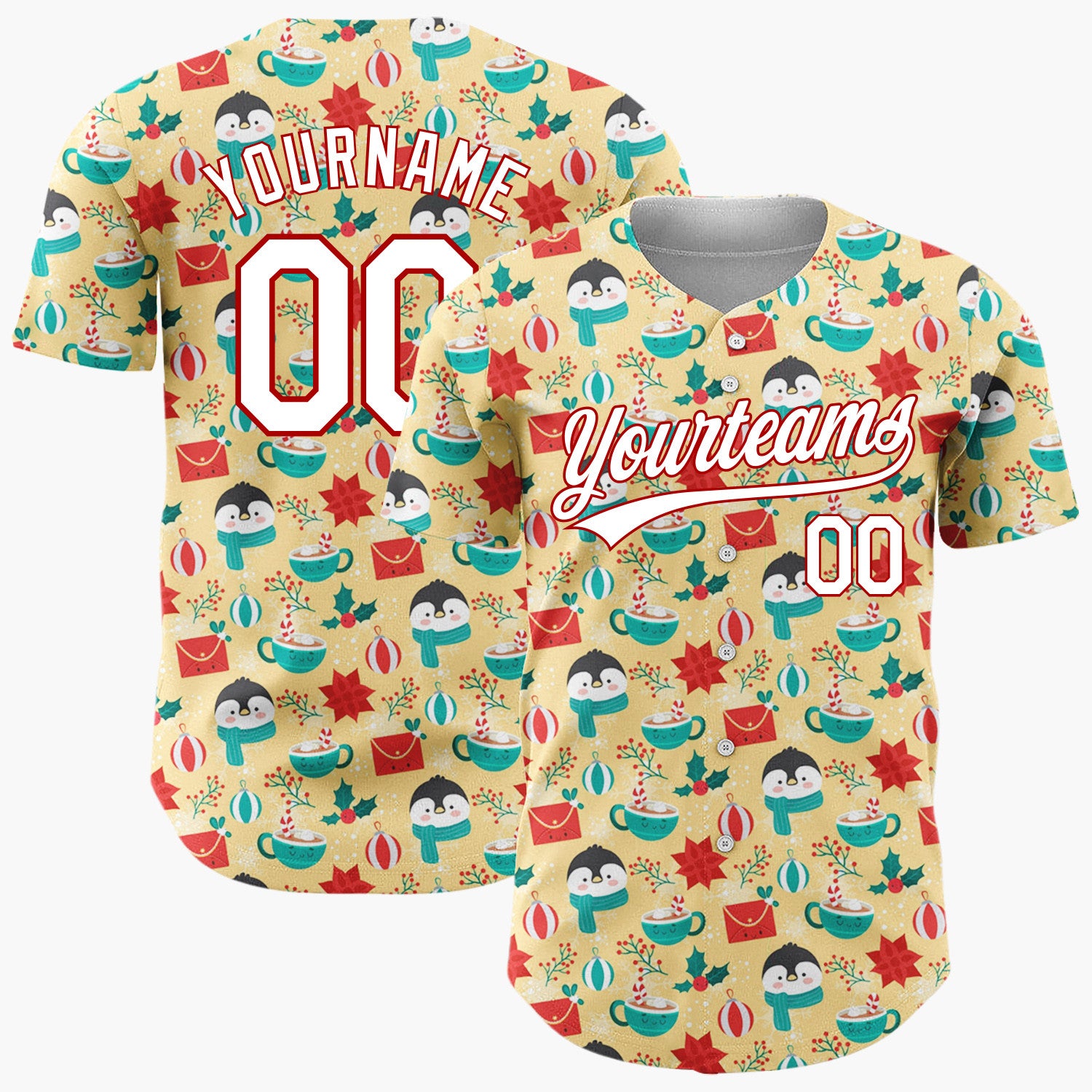 Custom Yellow Red Penguins Mugs And Holly Christmas Character Doodle Pattern Christmas Baseball Jersey