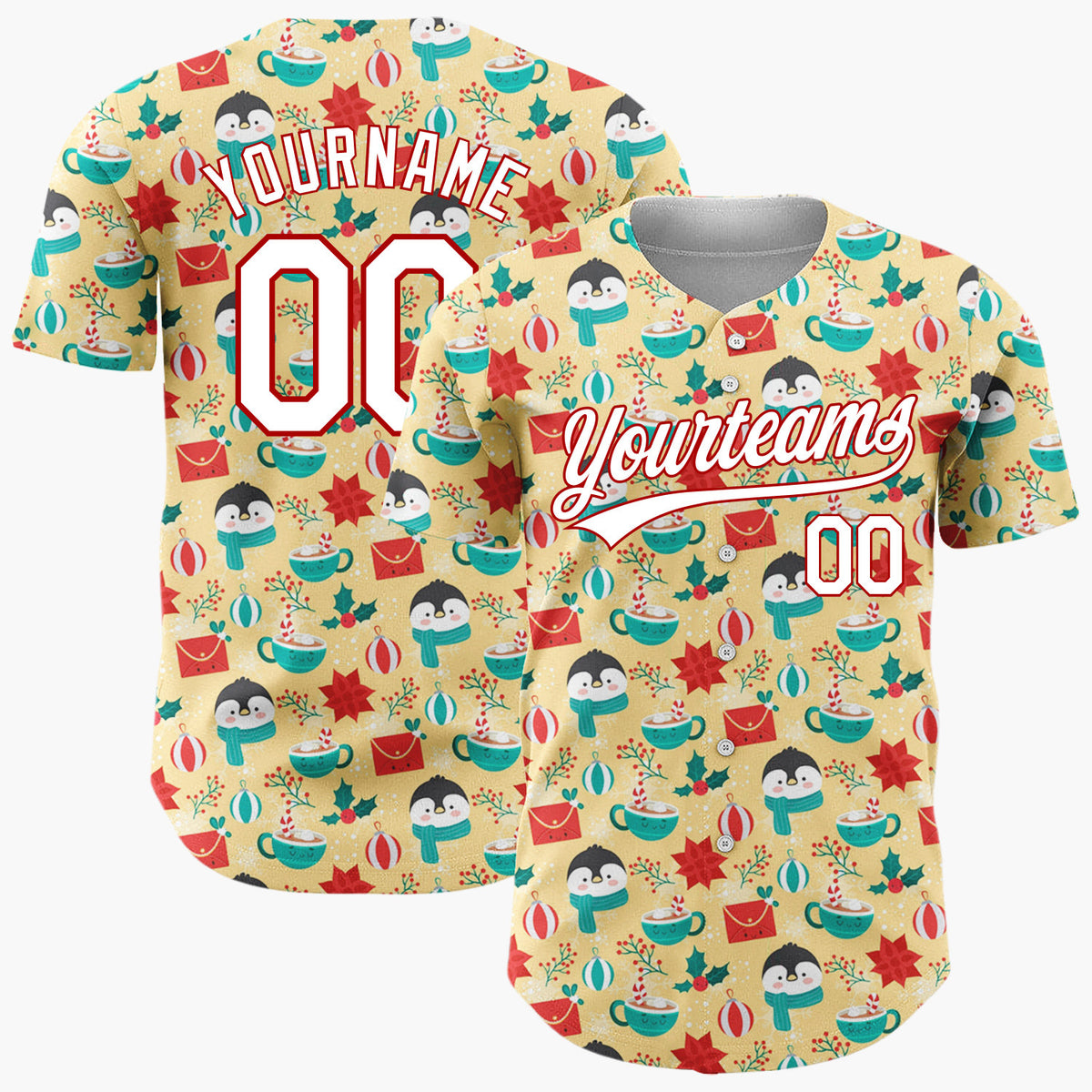 Custom Yellow Red Penguins Mugs And Holly Christmas Character Doodle Pattern Christmas Baseball Jersey