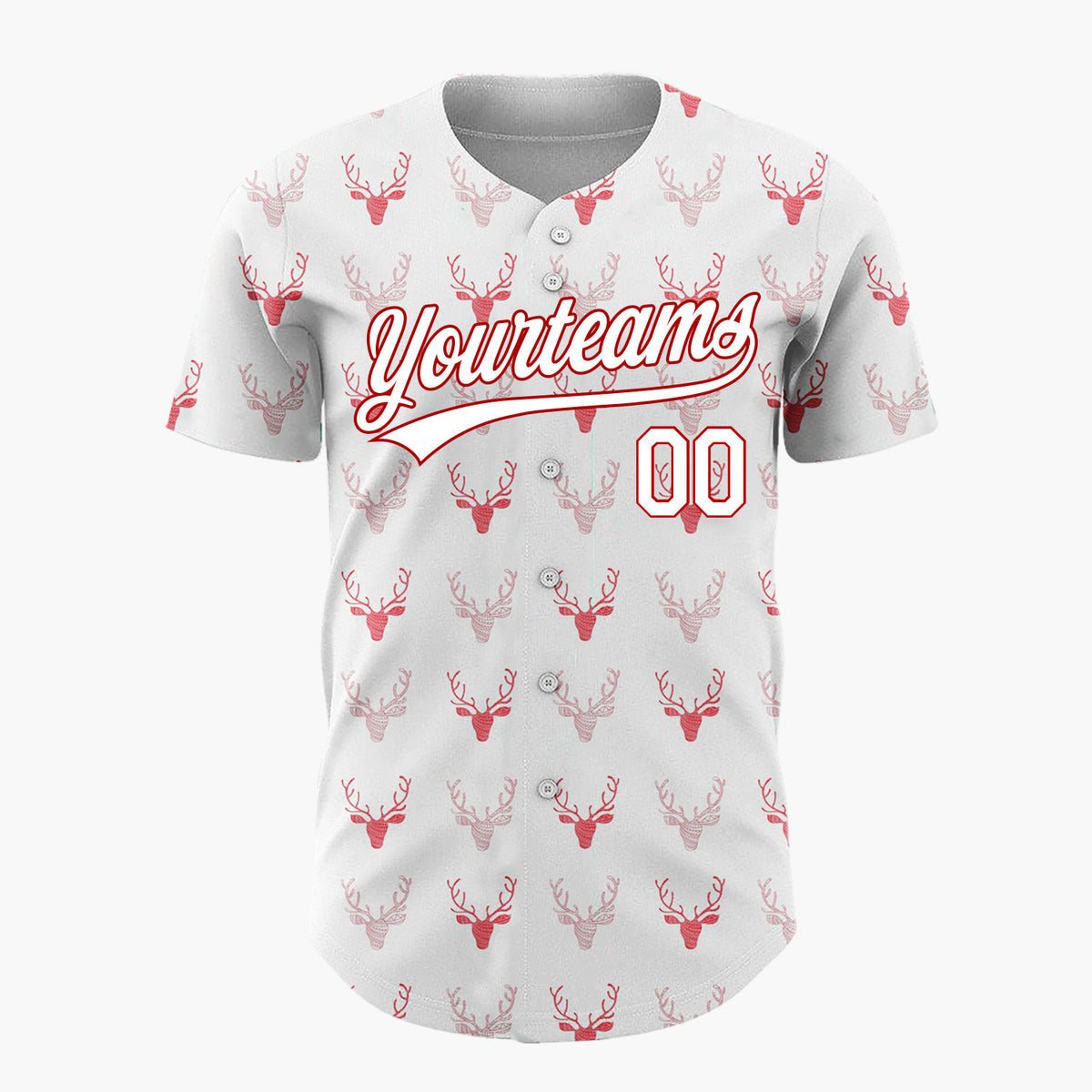 Custom White Red Reindeer Heads Hand Drawn Textured Pattern Christmas Baseball Jersey