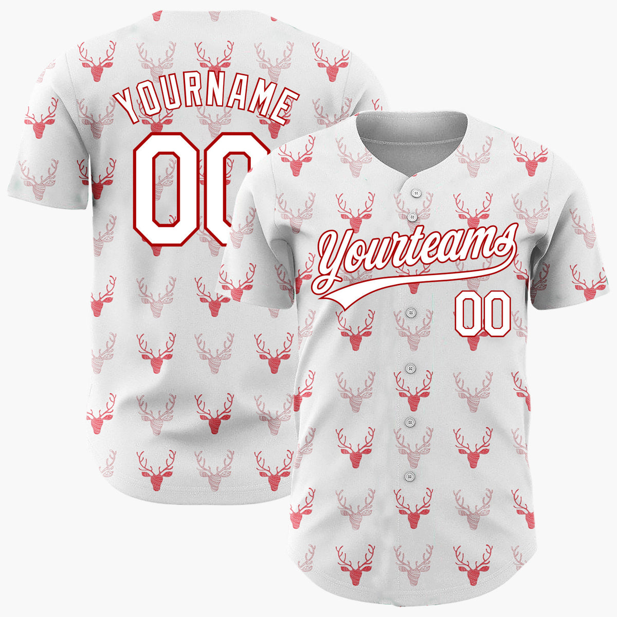 Custom White Red Reindeer Heads Hand Drawn Textured Pattern Christmas Baseball Jersey