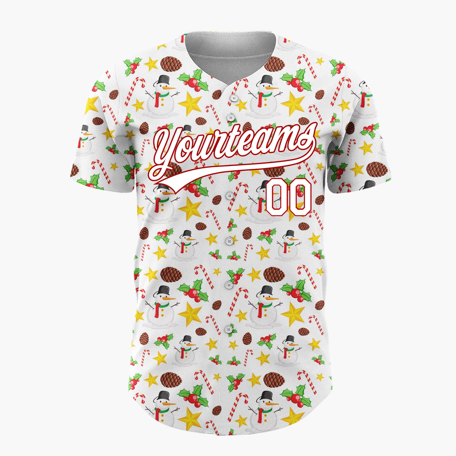 Custom White Red Yellow Snowmen Candy Canes And Stars Classic Holiday Pattern Christmas Baseball Jersey