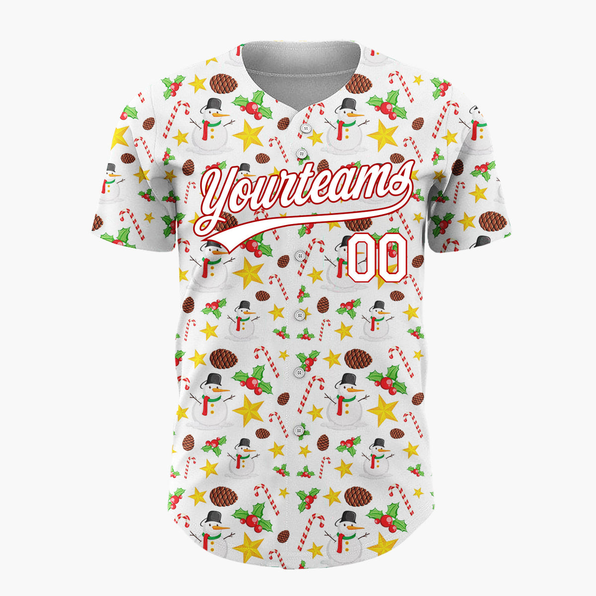 Custom White Red Yellow Snowmen Candy Canes And Stars Classic Holiday Pattern Christmas Baseball Jersey