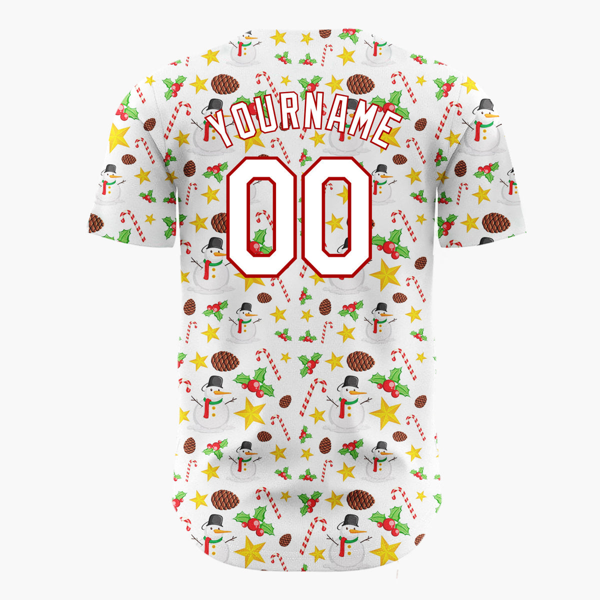 Custom White Red Yellow Snowmen Candy Canes And Stars Classic Holiday Pattern Christmas Baseball Jersey