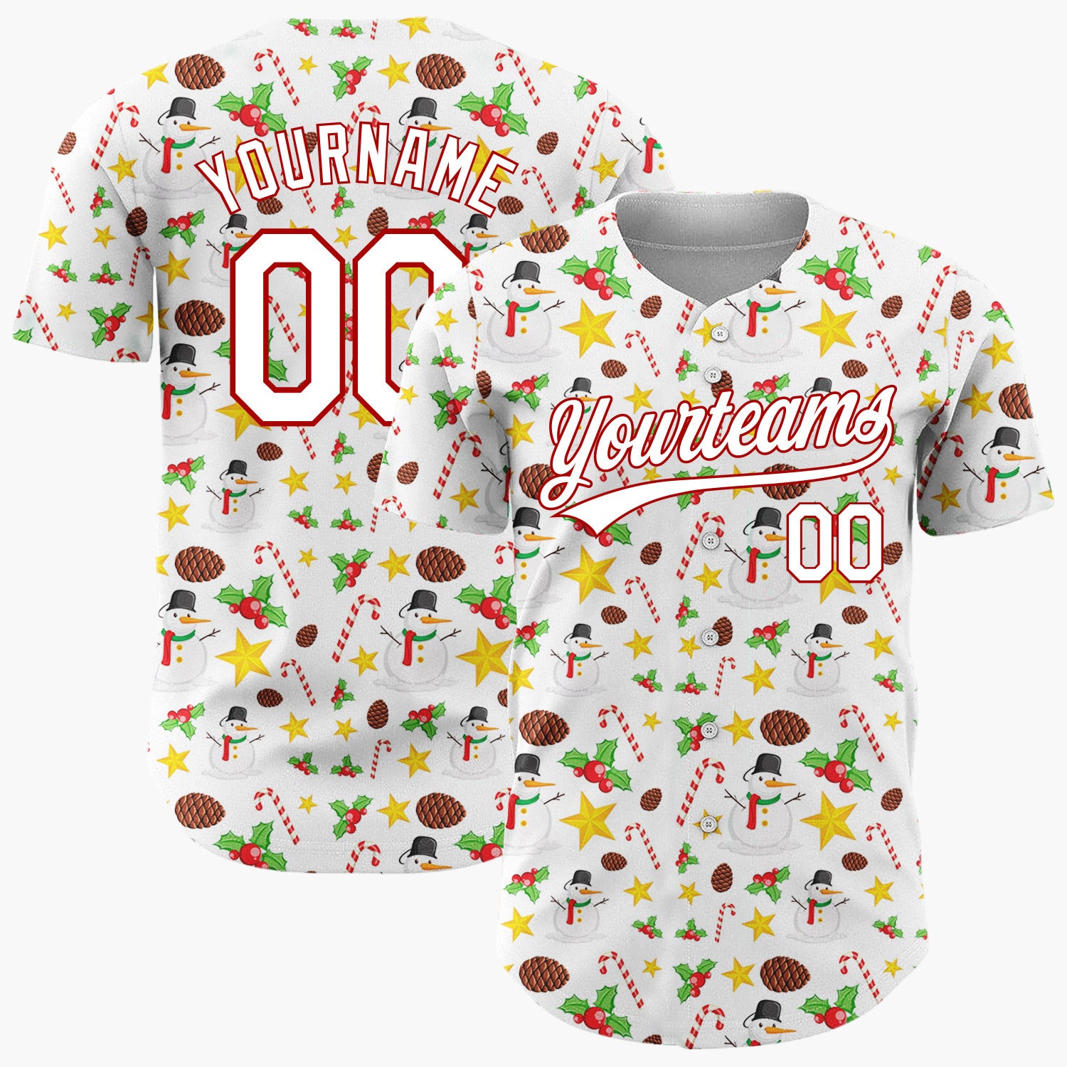 Custom White Red Yellow Snowmen Candy Canes And Stars Classic Holiday Pattern Christmas Baseball Jersey