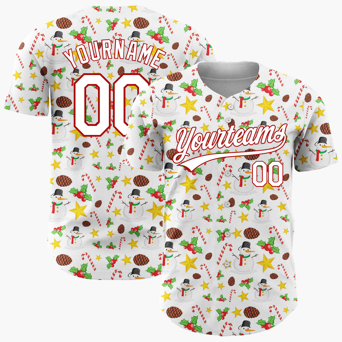 Custom White Red Yellow Snowmen Candy Canes And Stars Classic Holiday Pattern Christmas Baseball Jersey