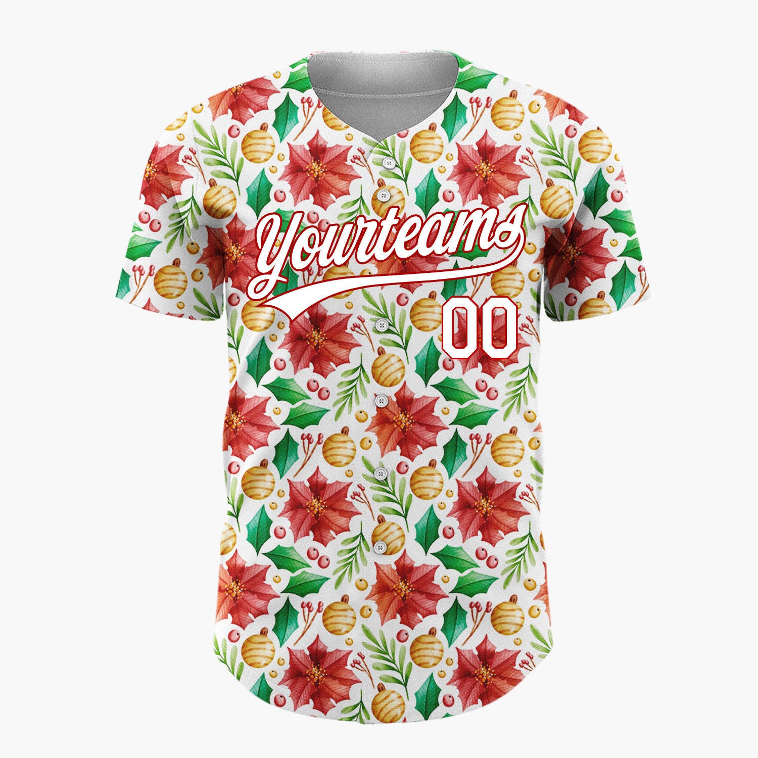 Custom White Red Poinsettias Holly And Baubles Christmas Watercolor Pattern Christmas Baseball Jersey