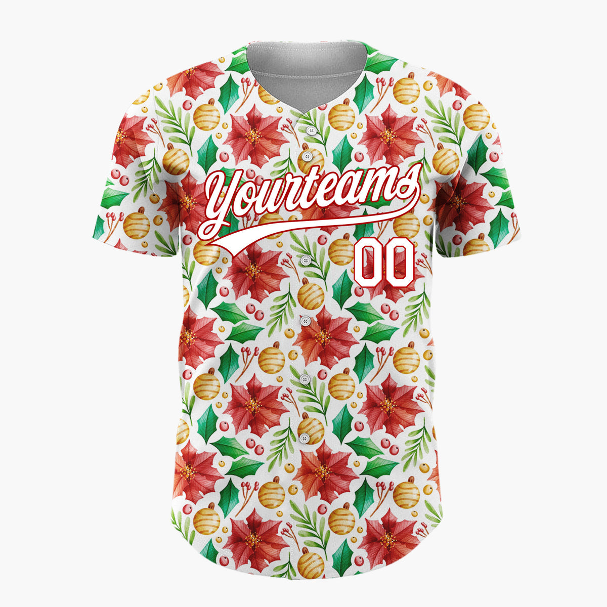 Custom White Red Poinsettias Holly And Baubles Christmas Watercolor Pattern Christmas Baseball Jersey