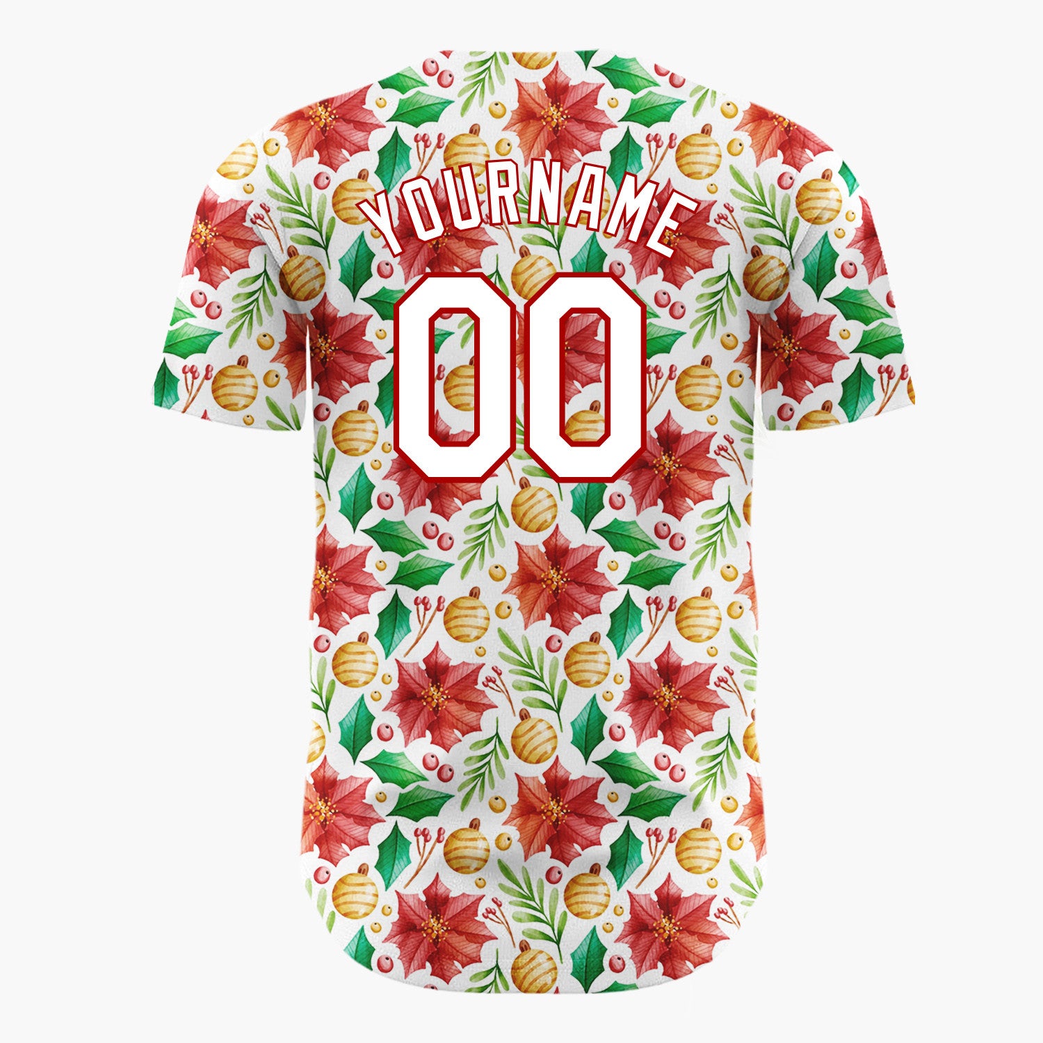 Custom White Red Poinsettias Holly And Baubles Christmas Watercolor Pattern Christmas Baseball Jersey