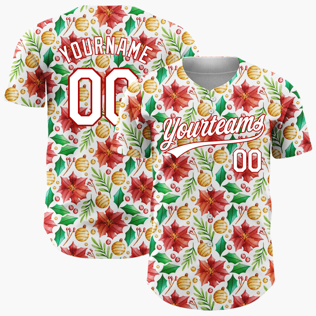 Custom White Red Poinsettias Holly And Baubles Christmas Watercolor Pattern Christmas Baseball Jersey