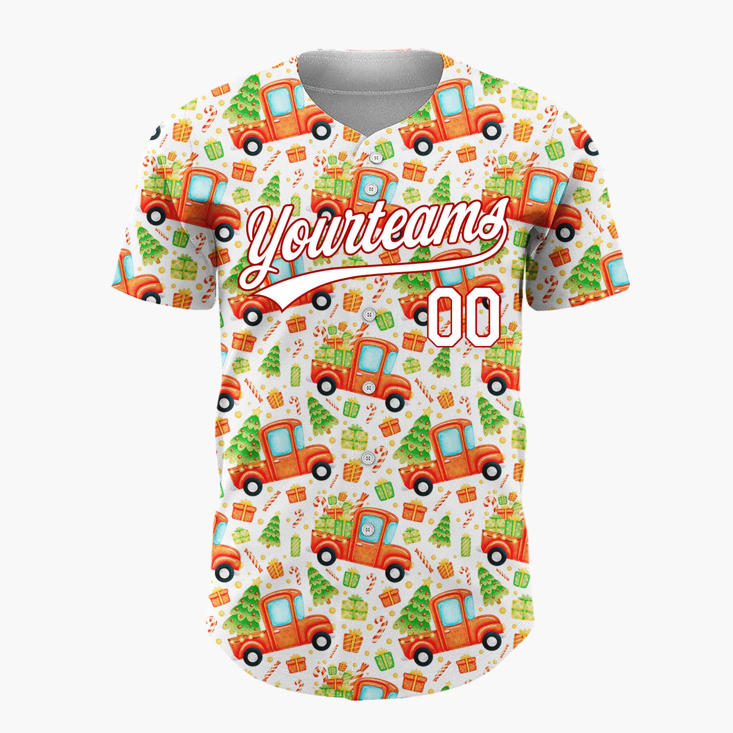 Custom White Red Truck And Christmas Tree Watercolor Cartoon Pattern Christmas Baseball Jersey