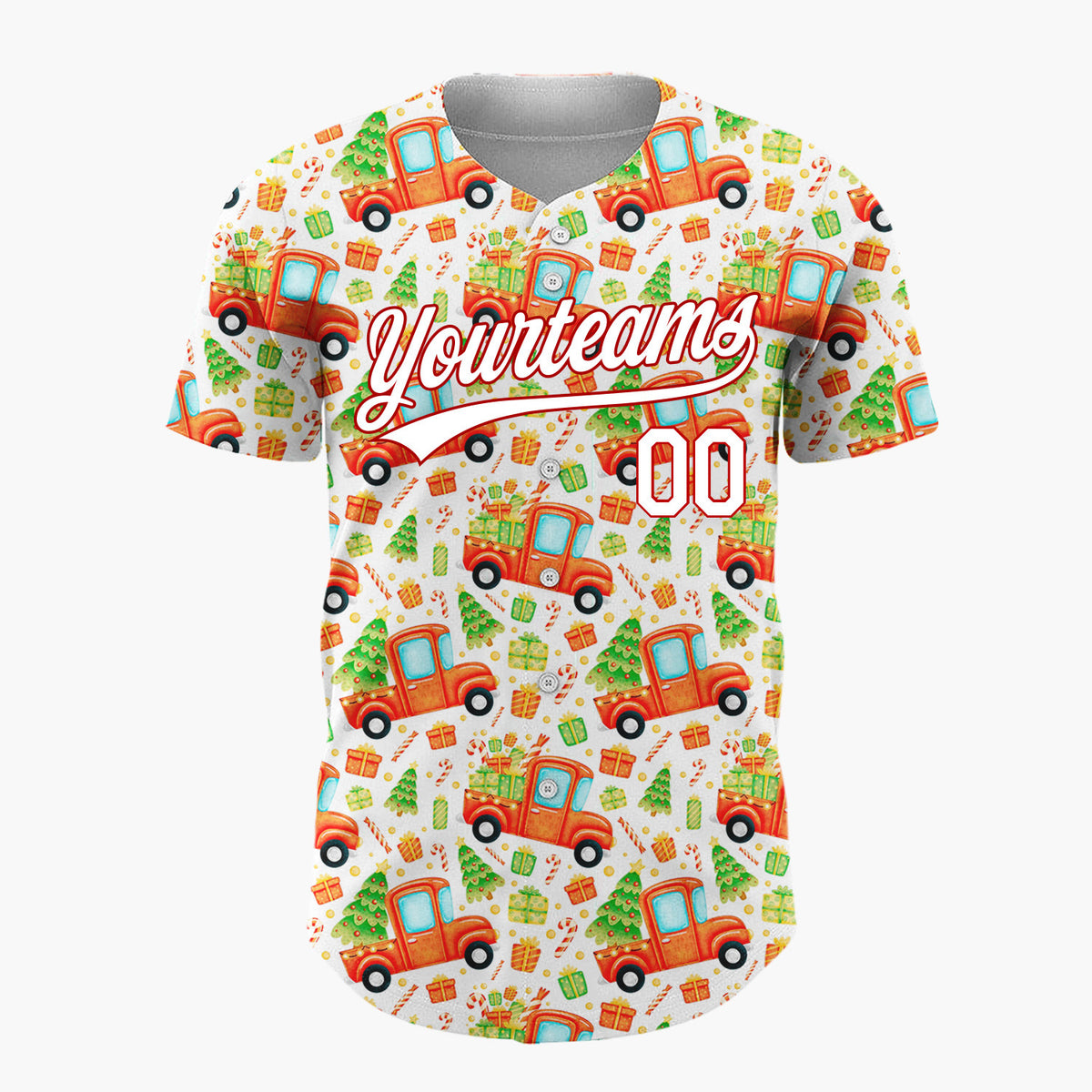 Custom White Red Truck And Christmas Tree Watercolor Cartoon Pattern Christmas Baseball Jersey