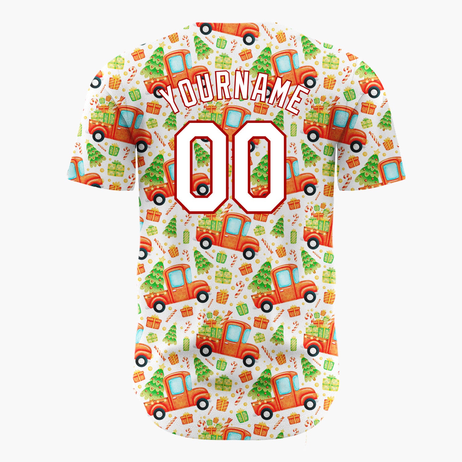 Custom White Red Truck And Christmas Tree Watercolor Cartoon Pattern Christmas Baseball Jersey