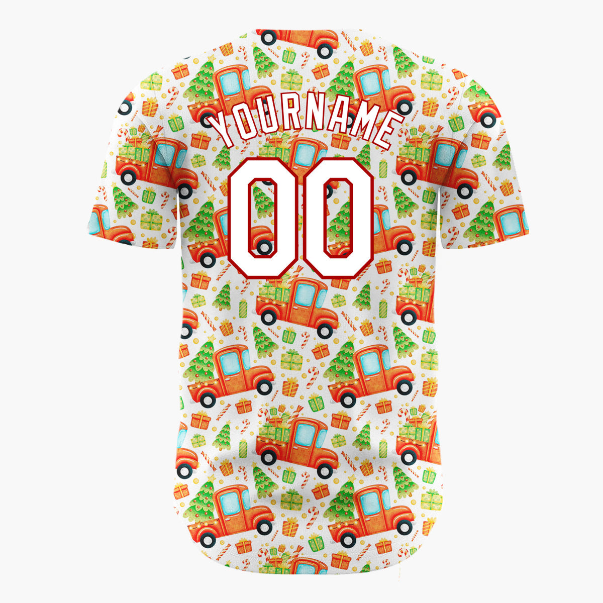 Custom White Red Truck And Christmas Tree Watercolor Cartoon Pattern Christmas Baseball Jersey
