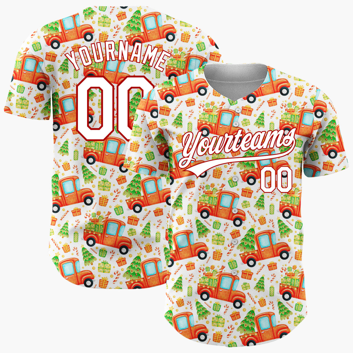 Custom White Red Truck And Christmas Tree Watercolor Cartoon Pattern Christmas Baseball Jersey