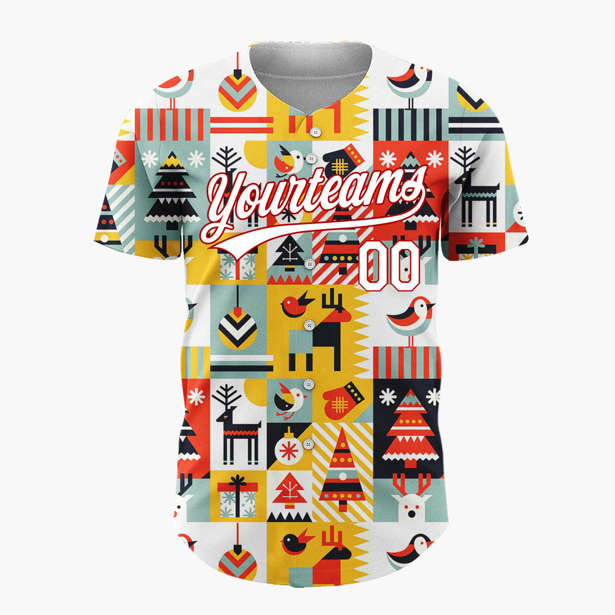 Custom Yellow Multi Color Geometric Reindeer And Trees Graphic Block Pattern Christmas Baseball Jersey