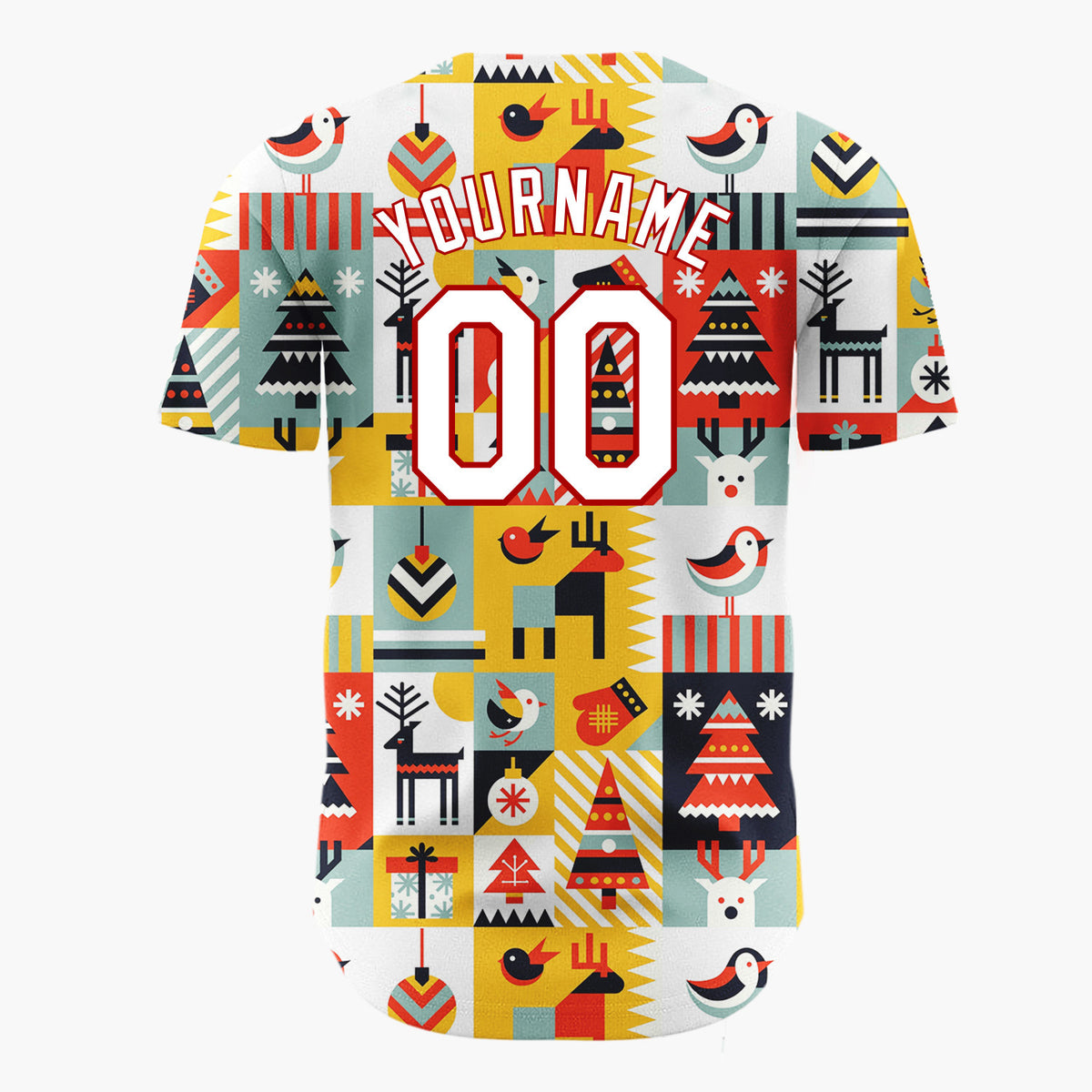 Custom Yellow Multi Color Geometric Reindeer And Trees Graphic Block Pattern Christmas Baseball Jersey