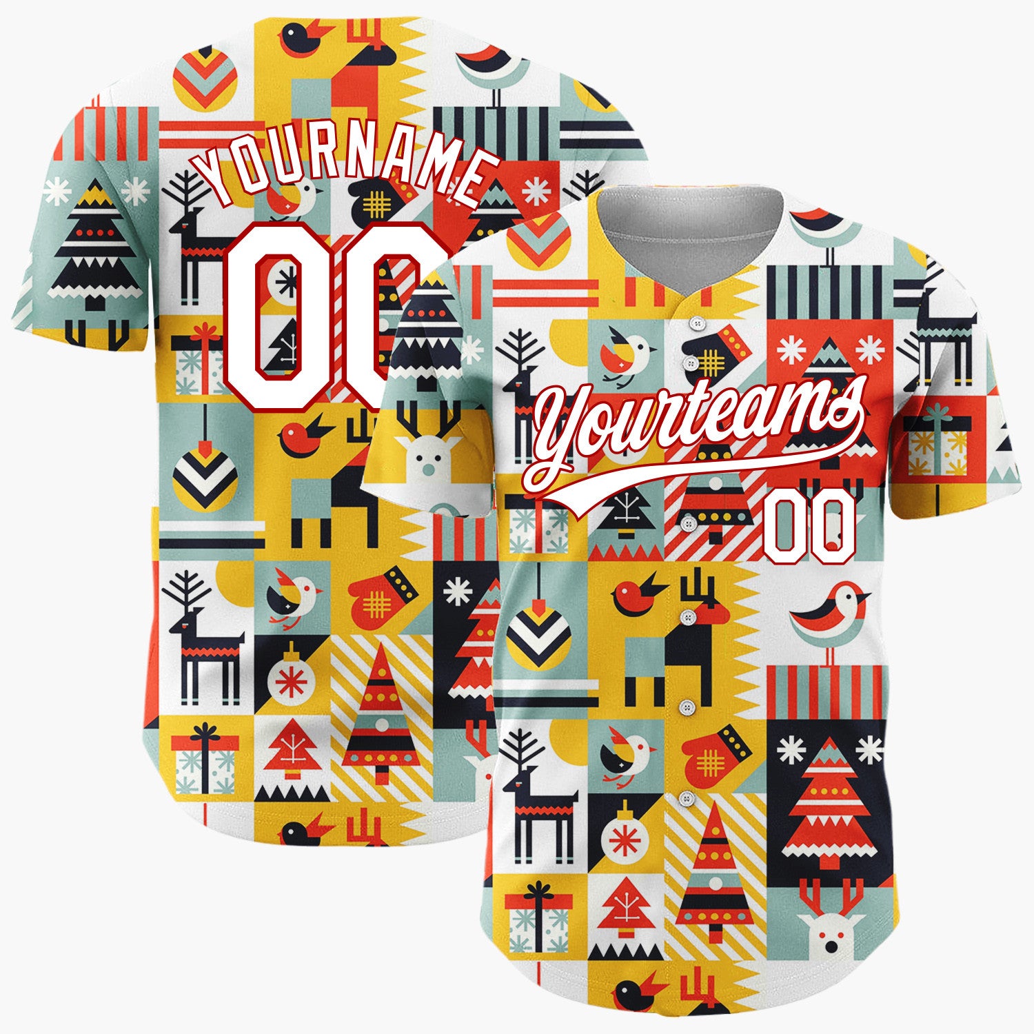 Custom Yellow Multi Color Geometric Reindeer And Trees Graphic Block Pattern Christmas Baseball Jersey