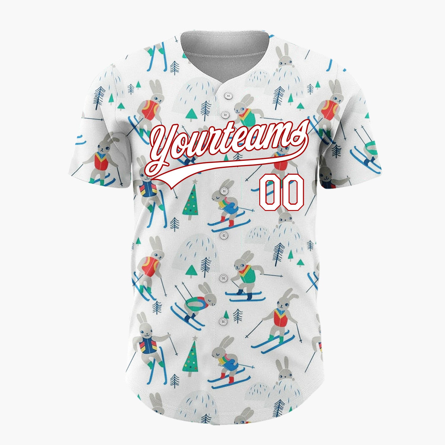 Custom White Skiing Bunnies Winter Hills Cute Whimsical Pattern Christmas Baseball Jersey
