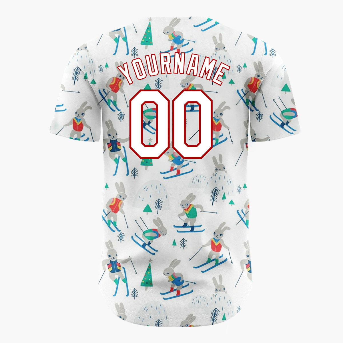 Custom White Skiing Bunnies Winter Hills Cute Whimsical Pattern Christmas Baseball Jersey