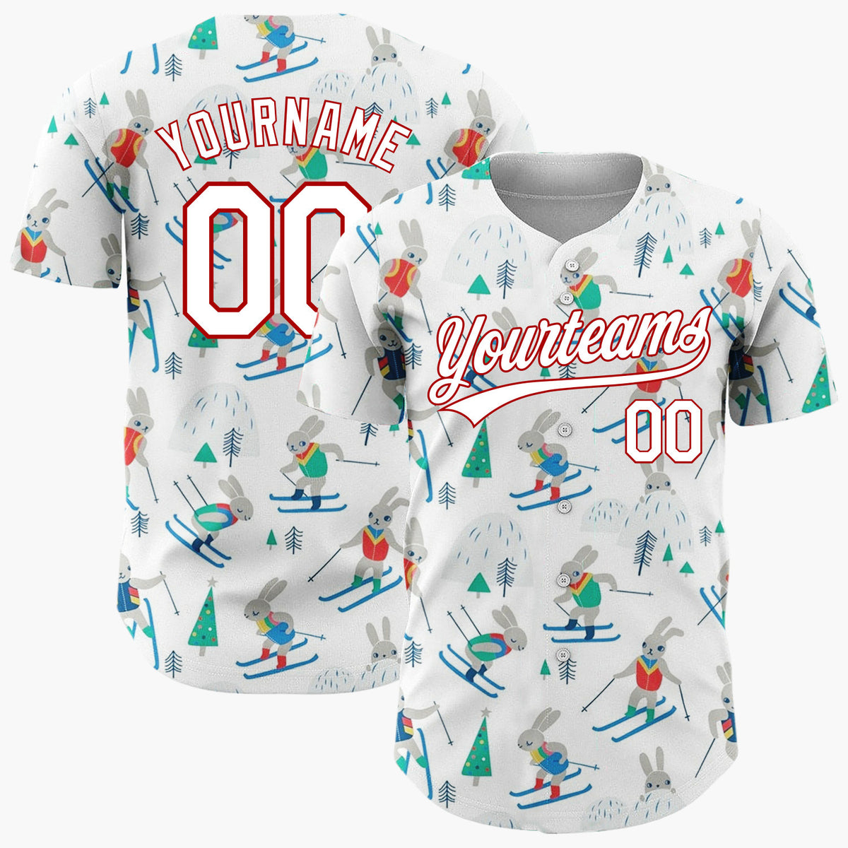 Custom White Skiing Bunnies Winter Hills Cute Whimsical Pattern Christmas Baseball Jersey