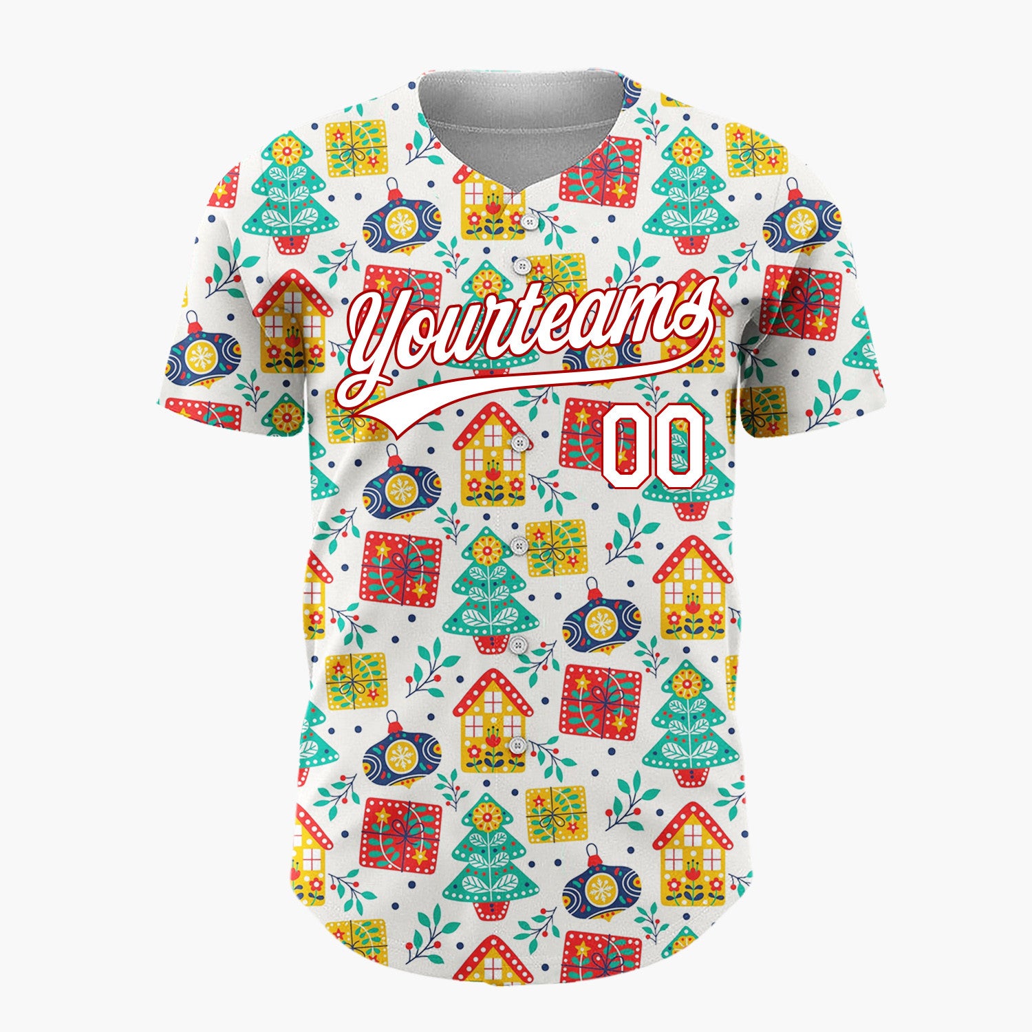 Custom White Red Yellow Trees Gifts And Houses Folk Christmas Baseball Jersey