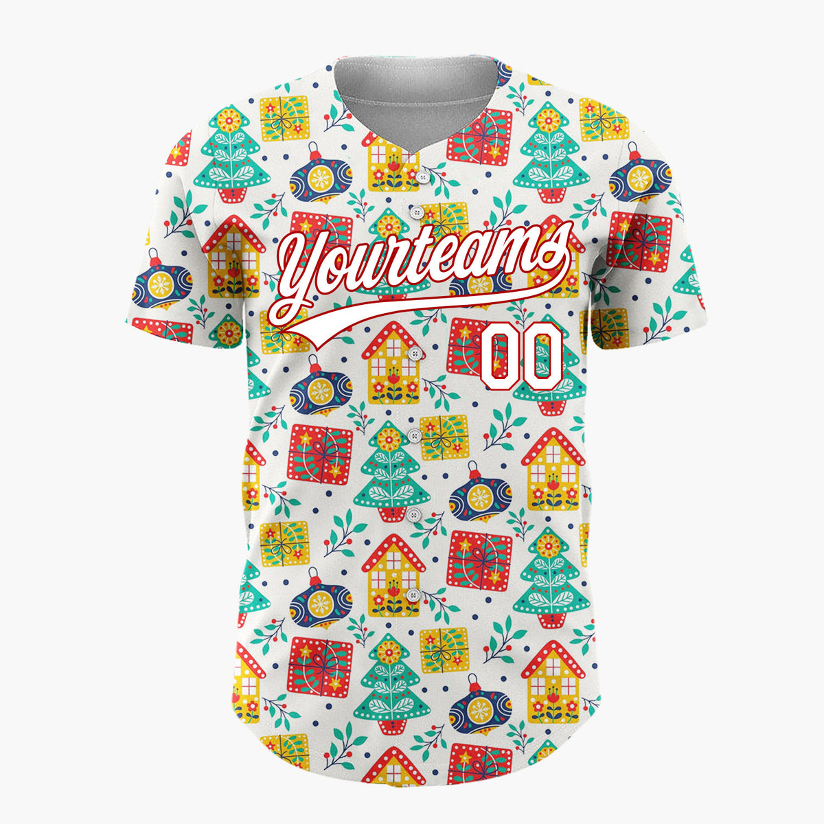 Custom White Red Yellow Trees Gifts And Houses Folk Christmas Baseball Jersey