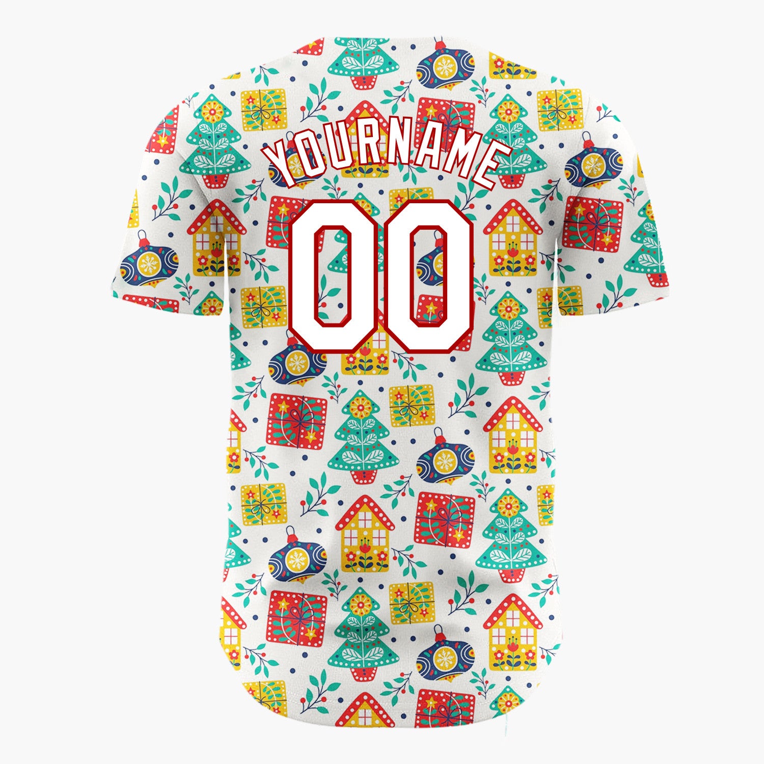Custom White Red Yellow Trees Gifts And Houses Folk Christmas Baseball Jersey