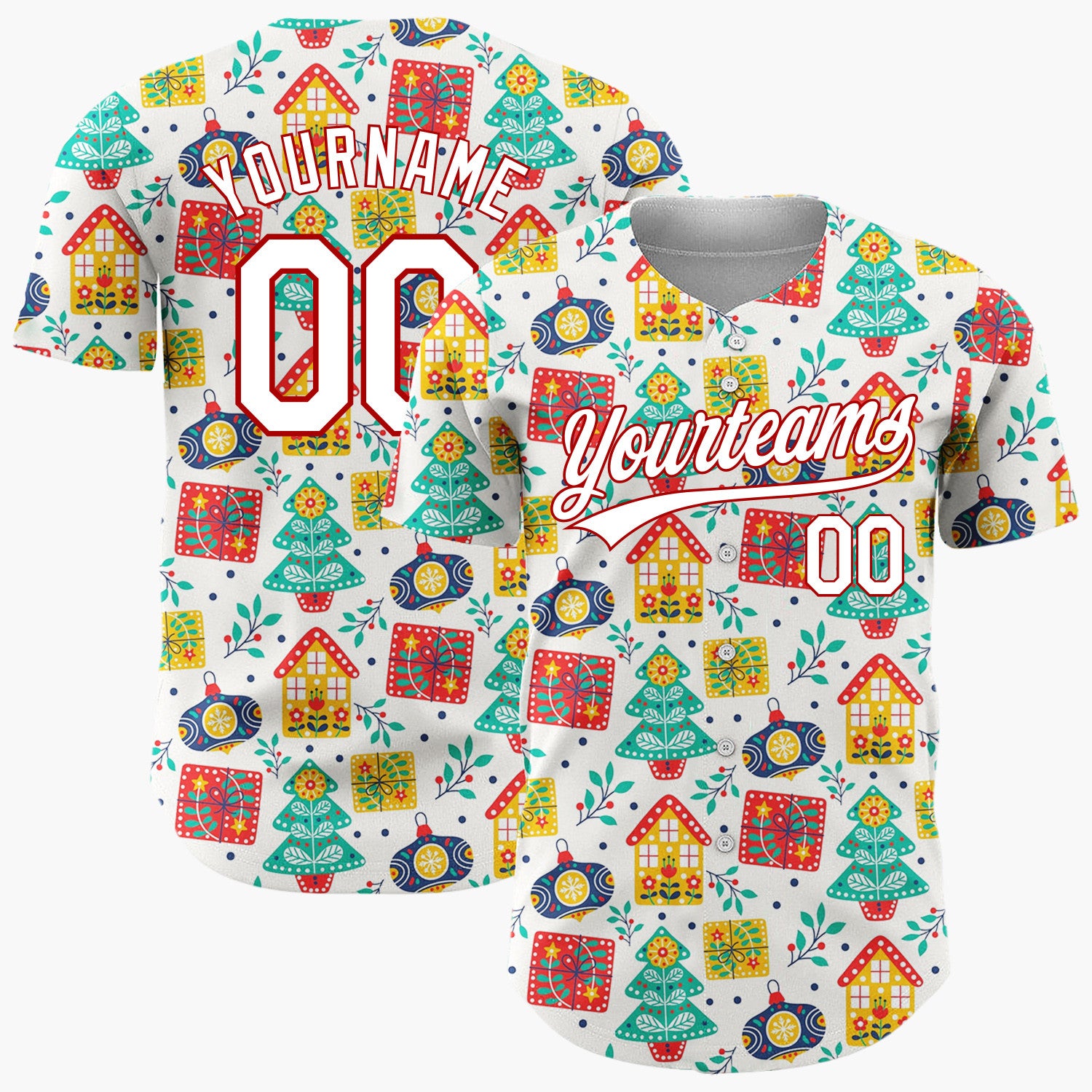 Custom White Red Yellow Trees Gifts And Houses Folk Christmas Baseball Jersey