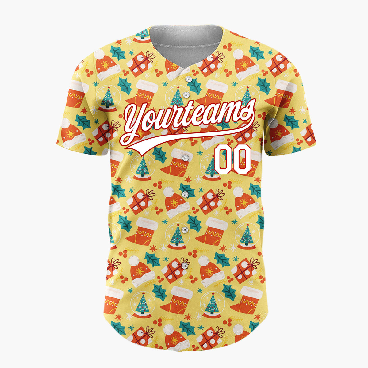 Custom Yellow Red Green Santa Hats Gifts And Holly Cute Christmas Baseball Jersey