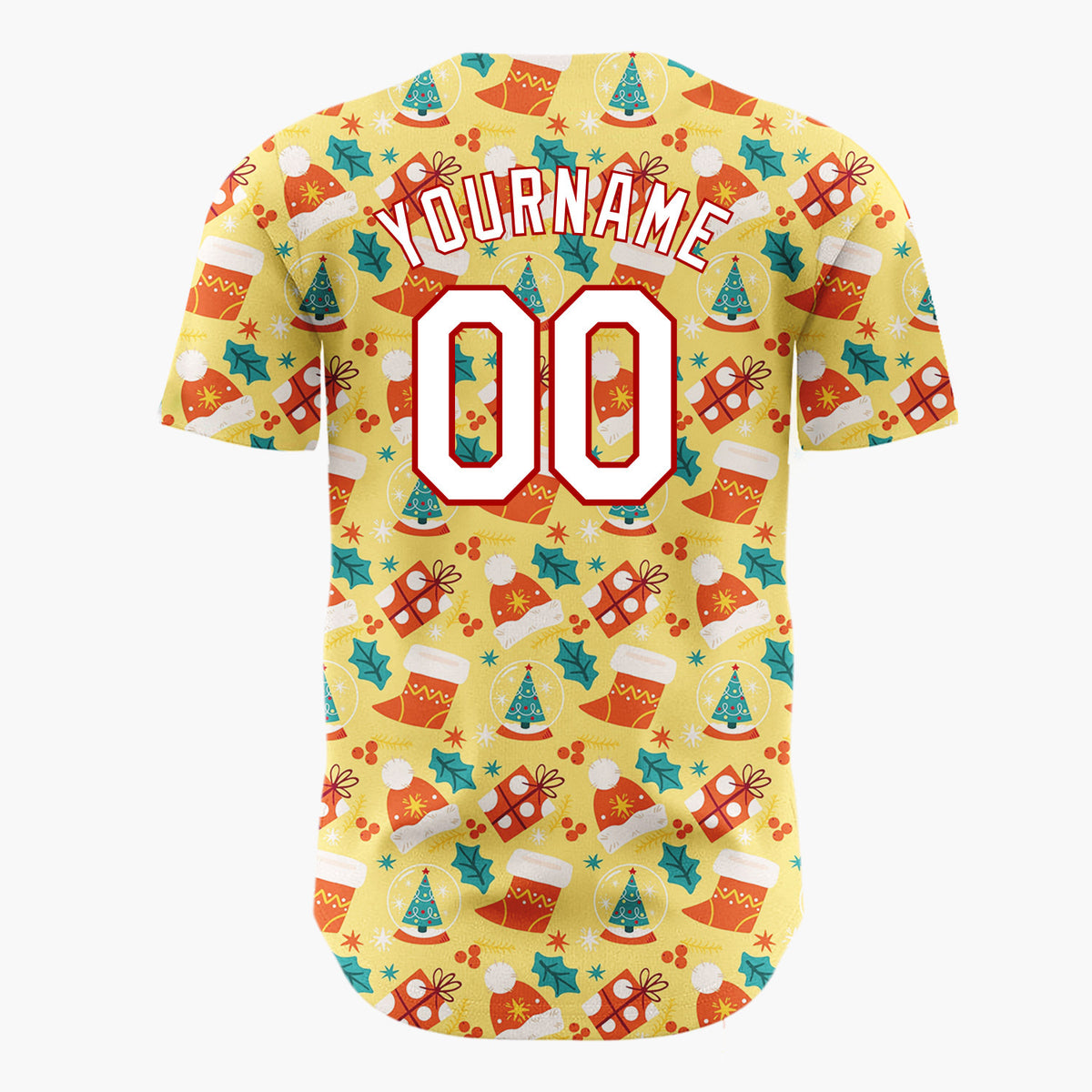 Custom Yellow Red Green Santa Hats Gifts And Holly Cute Christmas Baseball Jersey