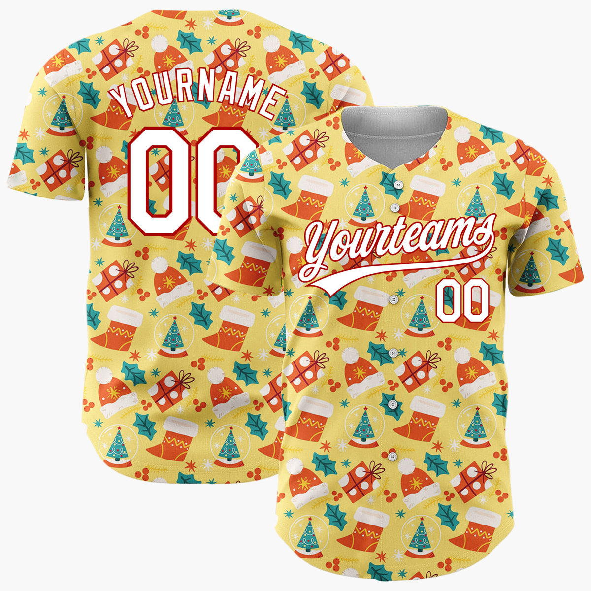 Custom Yellow Red Green Santa Hats Gifts And Holly Cute Christmas Baseball Jersey