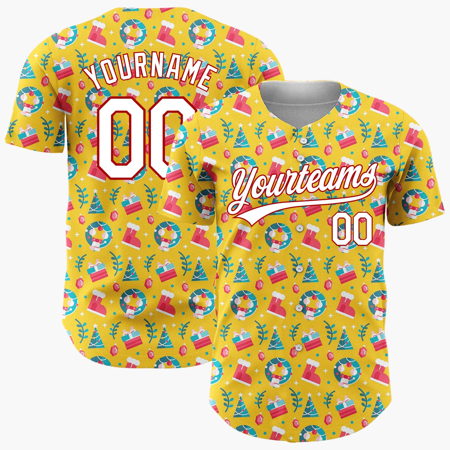 Custom Yellow Red Blue Simple Icon Christmas Baseball Jersey